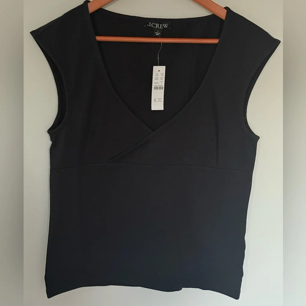 J. Crew Black Stretch cotton cap-sleeve crossover shirt Large - Picture 2 of 6